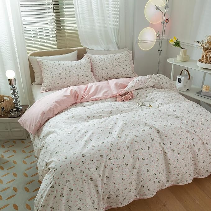 mixinni Small Floral Print Duvet Cover Full Flower Duvet Cover Set Soft Cotton Pink Reversible White Bedding Comforter Cover Zipper Closure 4 Corner Ties for Girls-Full Size