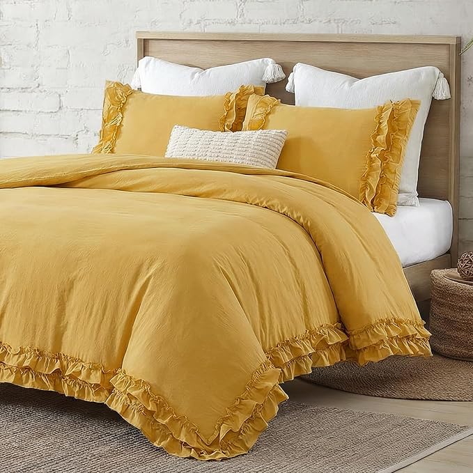 Bedorm Ginger Yellow Bedding Set King Ruffle Duvet Cover Super Soft Cozy Washed Microfiber Bedding Shabby Chic Coquette Decor Farmhouse Boho Duvet Cover Set