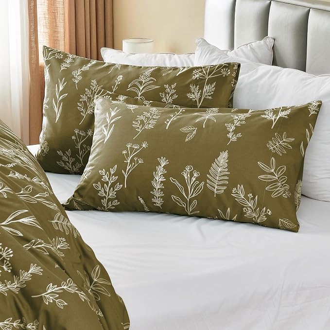 MUXHOMO Duvet Cover Twin/Twin XL Size Set, Reversible Floral Olive Green Duvet Cover with Zipper Closure, 2 Pieces Botanical Patterns Soft Microfiber Bedding Set with 4 Ties (68"x90", 1 Pillow Case)
