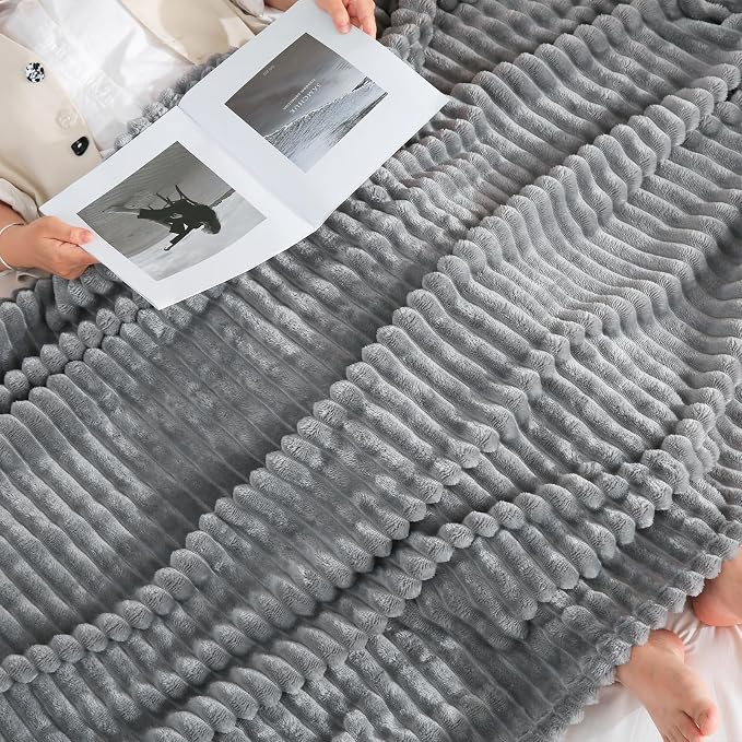 Grey Fleece Throw Blanket 90”×90” for Couch Sofa Livingroom | Super Soft Cozy Plush Microfiber Flannel Bed Blanket Striped Design Lightweight Home Decor Gifts for Adults Mom Women