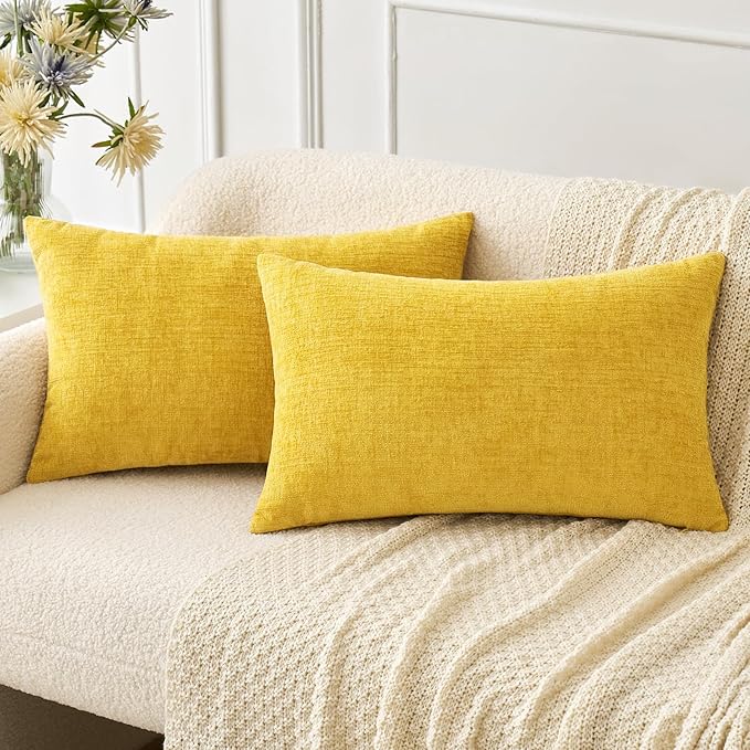 MIULEE Soft Chenille Lumbar Throw Pillow Covers Yellow 12x20 Pack of 2 | Modern Home Decor, Classic Decorative Pillows, Solid Dyed Cases, Boho Couch Cushion Covers for Sofa Bed Living Room