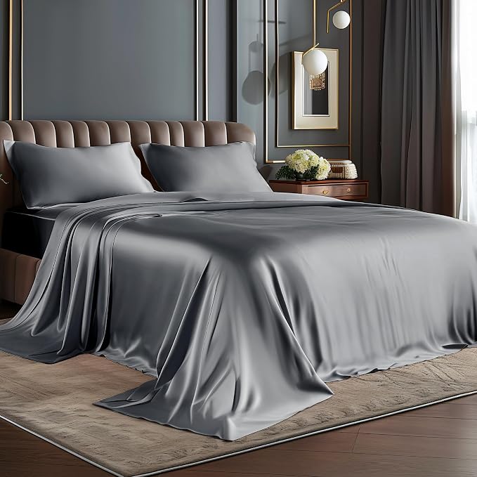 BEDELITE Satin Sheets Twin XL Size Bed Set, Dark Grey, 3 Pieces | Luxury Silky Bed Sheets, 15 Inch Deep Pocket, Similar to Silk, Soft and Cooling, Reduces Friction, Gentle on Hair and Skin