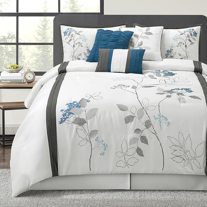 White California King Comforter Set, 7 Pieces Bed in a Bag, Elegant Floral Leaves Embroidery, Soft and Lightweight All Seasons Bedding Set, Bedskirt, Pillow Shams, Decor Pillows
