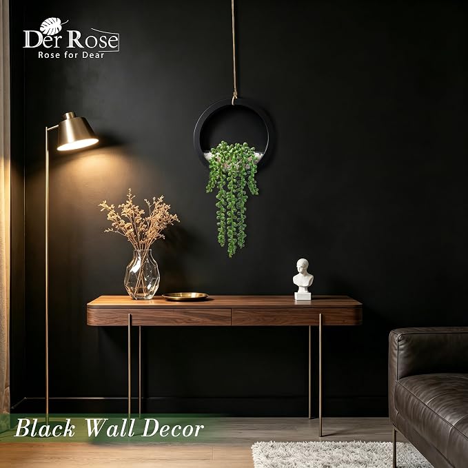 Der Rose 2 Pack 16" Artificial Hanging Plants in Black Pots for Wall Decor | Hanging succulents plants，faux string of pearls plants,great for bathroom bedroom living room boho wall decor，fresh all year