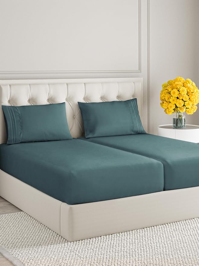 Split King Size 5 Piece Sheet Set - Ultra Soft & Cooling Sheets - Deep Teal | Fits 8 Inch to 16 inch Mattress, Wrinkle Free & Fade Resistant with Deep Pockets, Breathable, Comfy Hotel Luxury Bedding