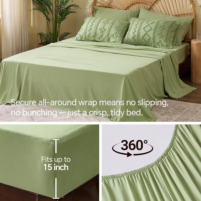 BEDELITE Twin XL Comforter Set 5 Pieces,Boho Bed in a Bag,Sage Green | Tufted Bed Set for All Seasons,Soft Farmhouse-Style Embroidery Bedding,Includes Flat & Fitted Sheets,1 Pillowcase & 1 Sham