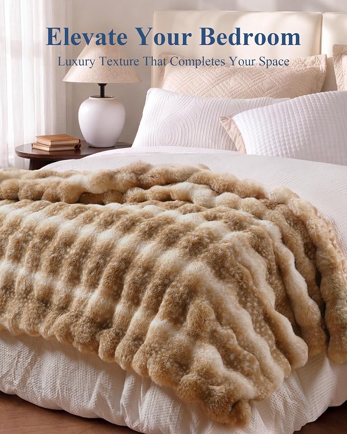 Ultra Soft Cozy Faux Fur Throw Blanket, Fuzzy Plush Thick Bubble Blanket, Oversize Luxury Fluffy Blanket for Couch, Sofa, Bedroom, and Living Room,50x60 Inches,Tie-Dye Camel