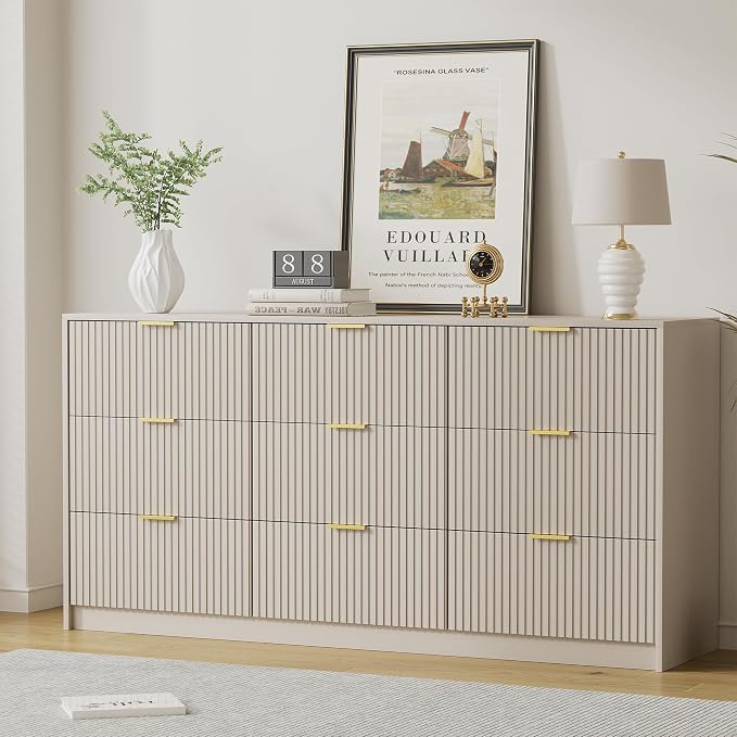 Furniway 9 Drawer Dresser for Bedroom, 63" Wide Dresser with Gold Handles, Modern Wood Chest of Drawers Storage Cabinet, Fluted Long Dresser for Bedroom, Living Room, Hallway, Beige