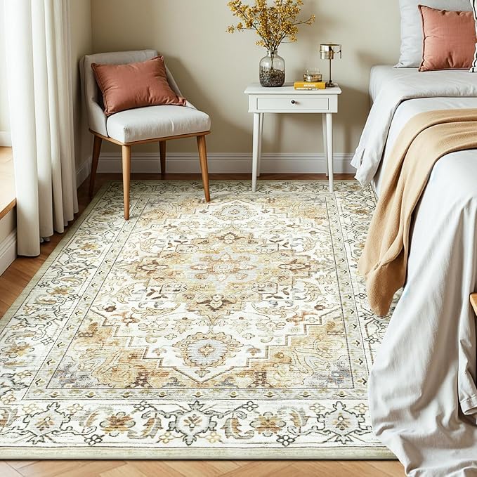 Washable Area Rug 5x7 for Living Room, Soft Bedroom Boho Rugs Beige | Faux-Wool Carpets for Kitchen Dining Room Nursery Home Office, Vintage Floral Non-Slip 0.25in Low Pile Rug, Fit All Vacuums