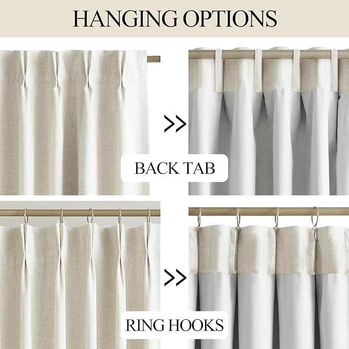 Vision Home Natural Pinch Pleated Full Blackout Curtains Linen Blended Room Darkening Window Curtains 108 inch for Living Room Bedroom Thermal Insulated Pinch Pleat Drapes with Hooks 60" Wx108 Lx1