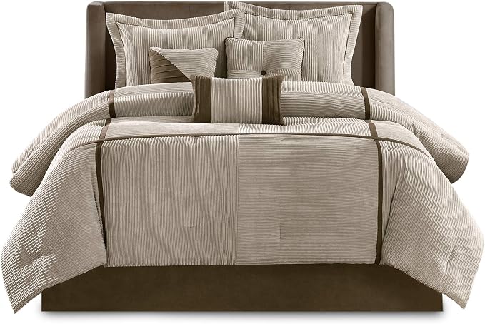 Madison Park Casual Blocks Comforter Set, 7PC Queen Bedding Set | All Season, with Comforter, Shams, Bed Skirt, Decorative Pillows, Lightweight, Taupe Brown