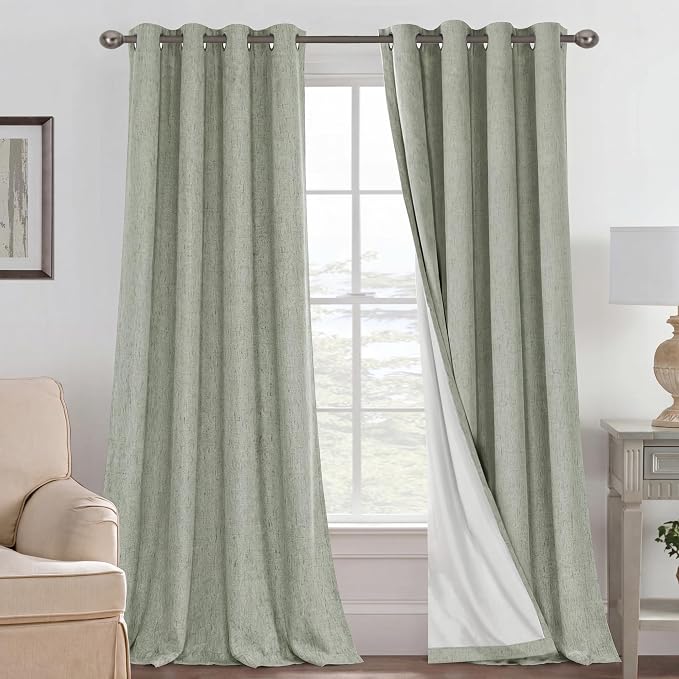 H.VERSAILTEX Blackout Curtains Linen Curtains 120 inches Long 100% Black Out Curtains for Bedroom Windows, Textured Linen Look Draperies Grommet with White Liner, 2 Panels, Sage