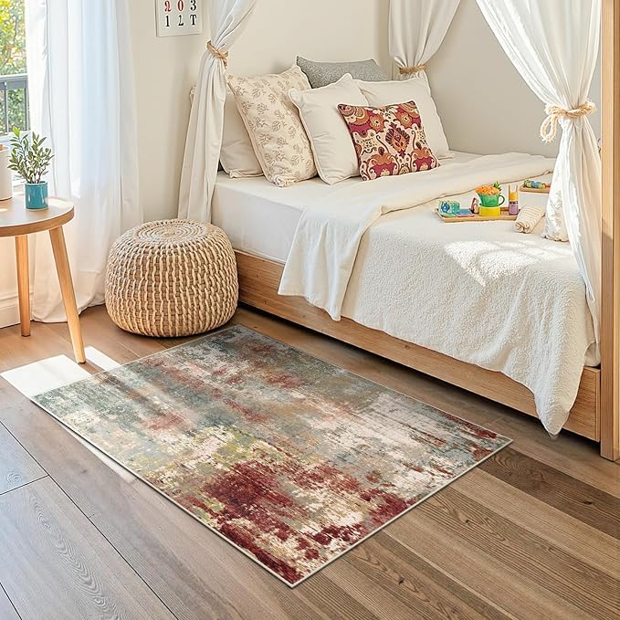 RELEANY Washable 3'x5' Abstract Area Rug for Living Room Rustic Brown | Carpet for Bedroom, Kitchen, Office, Hallway and Entryway, Printed Pattern, Non‑Slip, Soft, Stain‑Resistant, Easy to Clean