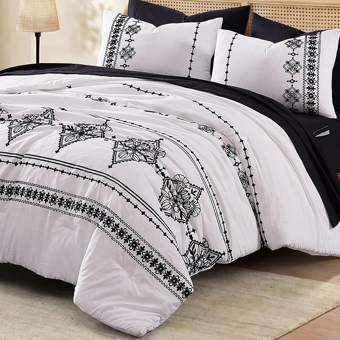 MaiRêve Queen Comforter Set Embroidery Floral 7 Pieces Bed in a Bag | Frost White Boho Farmhouse Bedding Sets with Comforter, Sheets, Pillowcases & Shams