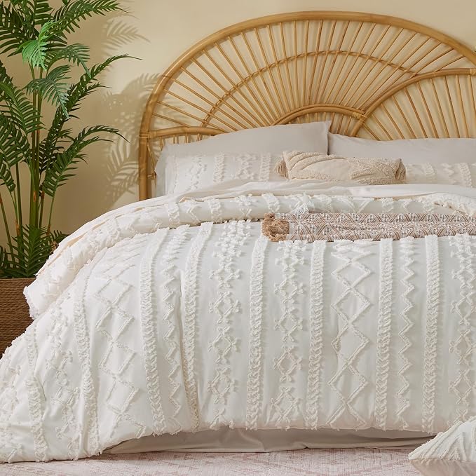 BEDELITE Full Comforter Set 7 Pieces,Boho Bed in a Bag,Cream White | Tufted Bed Set for All Seasons,Soft Farmhouse-Style Embroidery Bedding,Includes Flat & Fitted Sheets,2 Pillowcases & 2 Shams
