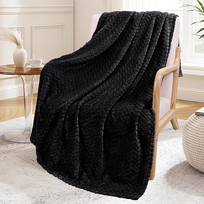 Exclusivo Mezcla Fleece Throw Blanket for Couch Sofa, 50”x70”, Black | Oversized Soft Cozy Fluffy Blankets for Summer, Decorative Plush Flannel Throws for Living Room, Bedroom with Leaves Pattern