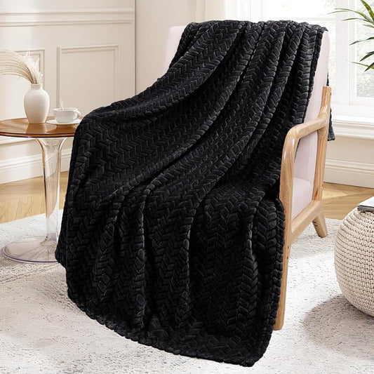 Exclusivo Mezcla Fleece Throw Blanket for Couch Sofa, 50”x70”, Black | Oversized Soft Cozy Fluffy Blankets for Summer, Decorative Plush Flannel Throws for Living Room, Bedroom with Leaves Pattern