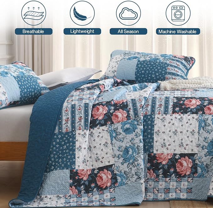 Anibedding Quilt Set Queen Size, 3 Pieces Blue Floral Patchwork Bedspread with Red Flower Pattern Coverlet Set, Soft Microfiber Bedding Set Reversible Bed Cover for All Season