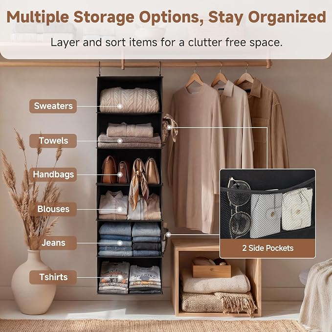 StorageWorks Hanging Closet Organizer, 6-Shelf with 2-in-1 Design, Ivory | Maximize Closet Space with Reinforced Shelves, Small Closet Storage Solution for Bedrooms, Dorms and RVs, Jumbo