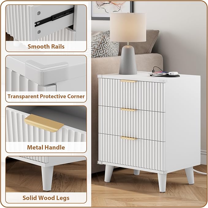 Wood Nightstands Set of 2 w/Charging Station, 3 Drawers Fluted Dresser | White, Large Drawers, Metal Silent Rails, FSC Wooden, Sturdy Legs, Modern Fluted Panel, Living Room, Bedside Table