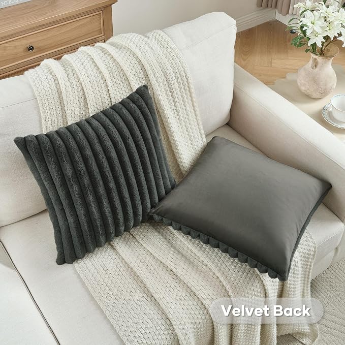 FUTEI Pack of 2 Faux Fur Throw Pillow Covers 28x28 Inch, Dark Grey | Fluffy Faux Rabbit Fur Front/Premium Velvet Back,Hidden Zipper,Machine Washable,Non-Shedding,Colorfast,Insert Not Included.