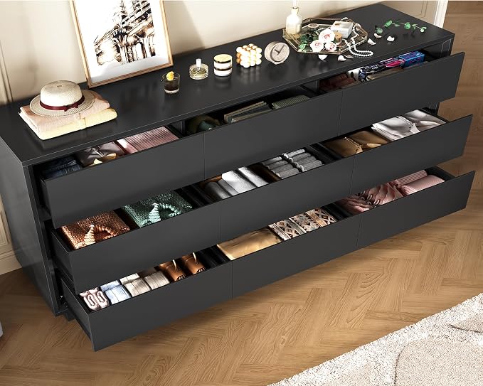 TEENFON 63" Dresser for Bedroom with 9 Drawers, Black Dresser with Metal Slide, Bedroom Dressers, Wood Dressers & Chests of Drawers for Bedroom, Hallway, Black