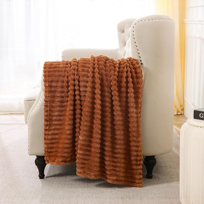Burnt Orange Fleece Throw Blanket 108”×90” for Couch Sofa Livingroom | Linecooo Super Soft Cozy Plush Microfiber Flannel Bed Blanket Striped Design Lightweight Home Decor Gifts for Adult Mom Women