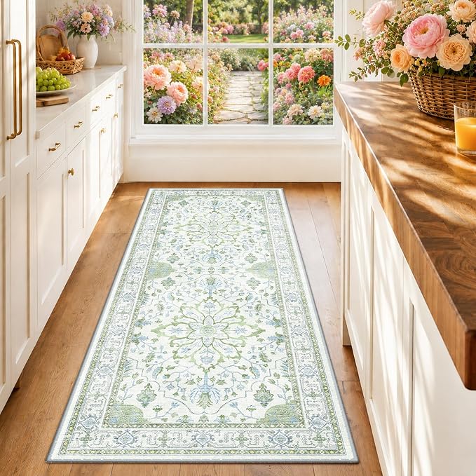 RELEANY Washable Area Rug, Runner 2'x6', Green/White/Blue | Non-Slip, Water Repellent, Pet Friendly, Easy to Clean, Vintage Floral Boho Decor for Kitchen Entry Bedroom Bedside Laundry