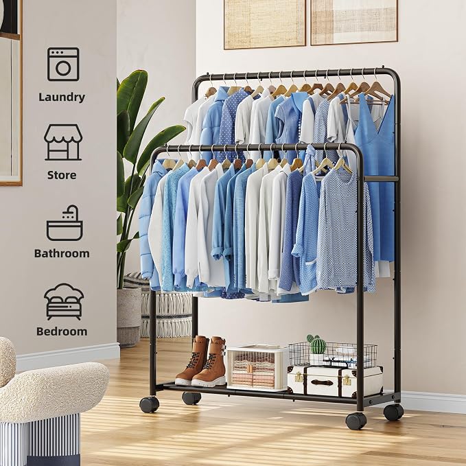 Simple Trending Clothing Clothes Rack, Double Rod Garment Rack, Black | Portable Closet with Bottom Shelf, Anti-Slip Stoppers, 360° Lockable Wheels, Multiple Uses, Bedroom, Laundry Room