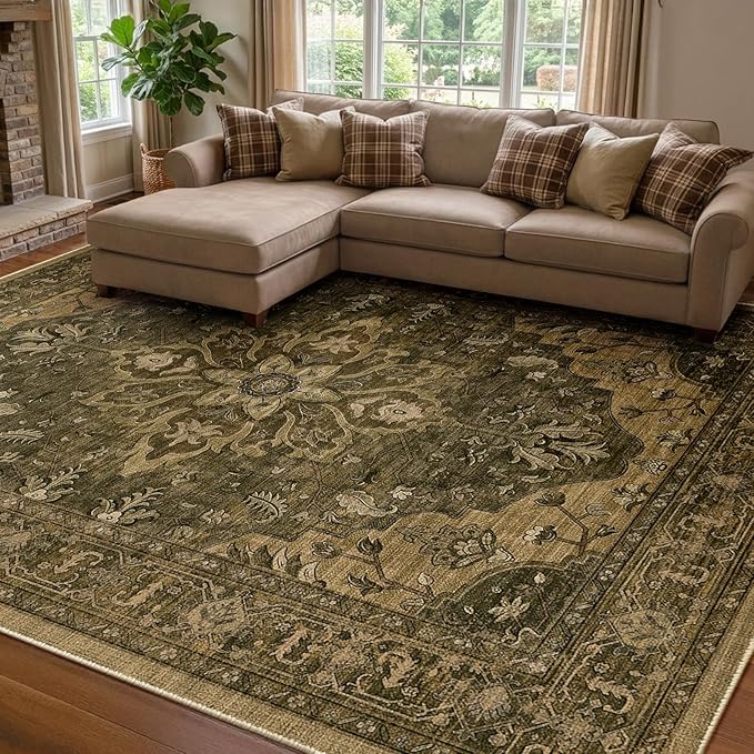 RELEANY Washable Area Rug, 7'x10', Brown/Dark Brown | Non-Slip, Water Repellent, Pet Friendly, Easy to Clean, Vintage Floral Boho Decor for Living Room Bedroom Dining Room Office