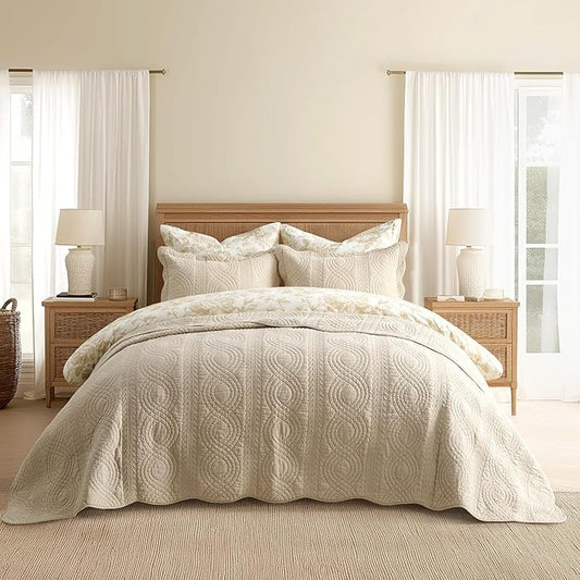 100% Cotton Scallop Quilt Set, Queen Size, Flax Beige | Scalloped Border, Timeless Chic Aesthetic, All-Season Comfort, Perfect French Country Bedroom Decor, 3 Piece Set with 2 Shams