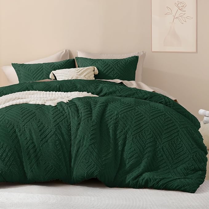 Litanika Queen Size Comforter Set, 3 Pieces Tufted Boho Bedding Set | Emerald Green Farmhouse Shabby Chic Vintage Bohemian Textured Aesthetic Soft Fluffy Lightweight Breathable All Season Bed Set