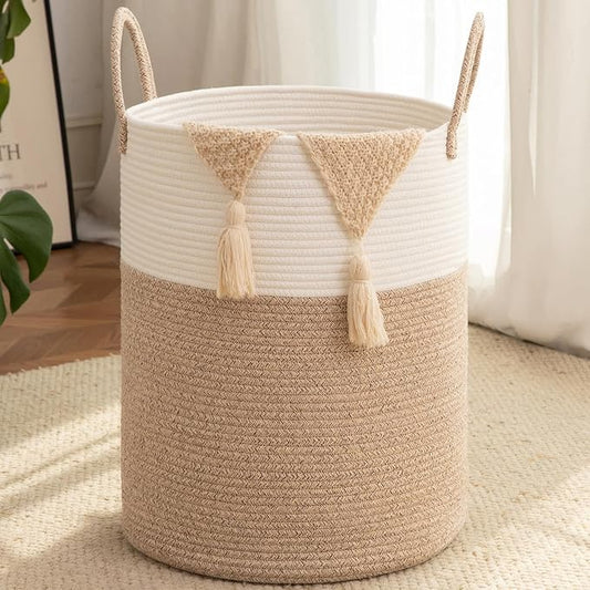 OIAHOMY 100L Nursery Hamper Laundry Basket Laundry Hamper Brown/White | collapsible Blanket Basket Cotton Rope Woven Basket Dirty Clothes Hamper Baby Hamper Tall Clothes Hamper with Handles