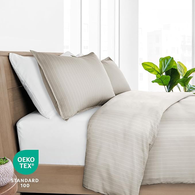 Bare Home Duvet Cover Set (Twin/Twin XL, Pinstripe - Stone/White) | 1800 Ultra-Soft, Lightweight, Cooling, Breathable, Premium, All-Season