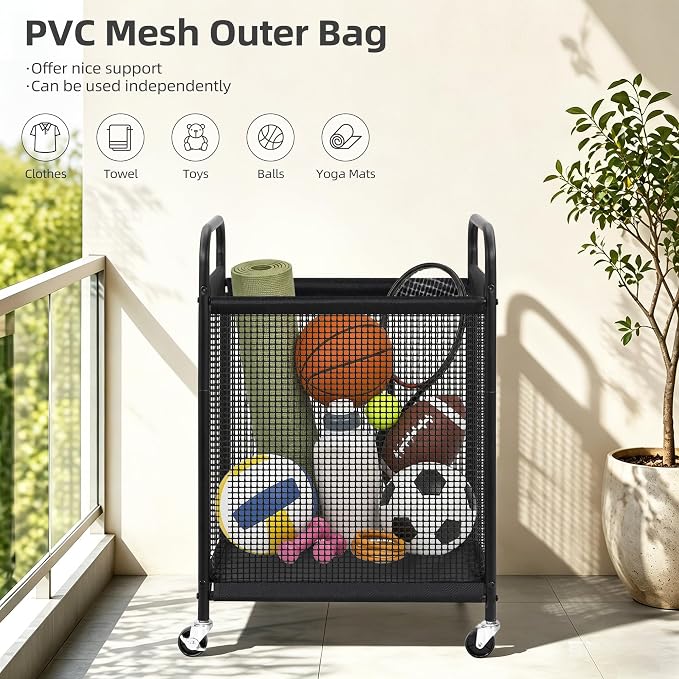 STORAGE MANIAC Rolling Laundry Hamper with Wheels 1-Section Laundry Sorter Rolling Laundrys Basket on Wheels with Removable Bag Clothes Hamper Laundrys Organizer Cart Bathroom Bedroom 90L Beige
