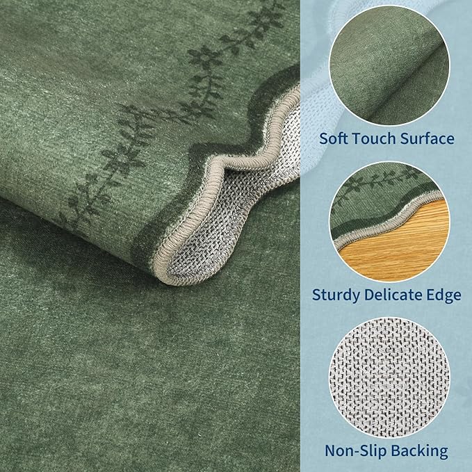 GarveeHome 6x9 Scalloped Area Rug Soft Washable Rug for Living Room Bedroom | Soft Green Low Pile Non Slip Accent Floor Mat Solid Print Throw Rug Indoor Carpet for Dining Room Dorm Playroom