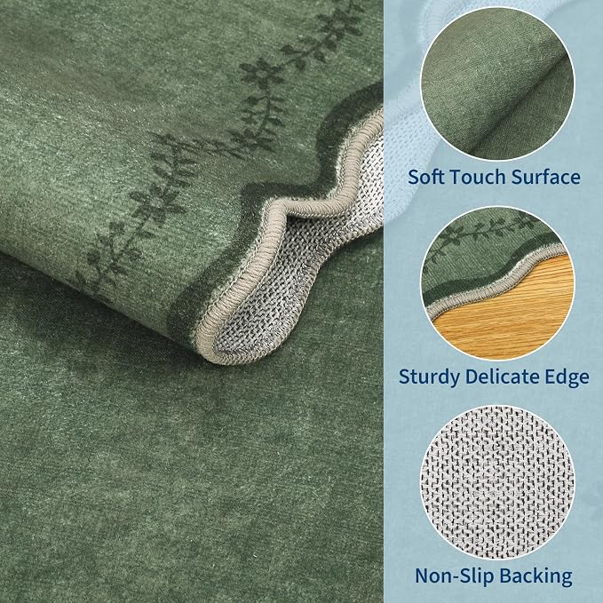 GarveeHome Scalloped Area Rugs 8x10 Large Green Washable Living Room Rug | Soft Floral Non Slip Backing Floor Mat Carpet Indoor Thin Rug for Bedroom Dining Room Playroom Nursery Home Decor