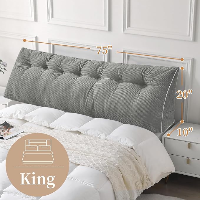 Sasttie Headboard Pillow King, Wedge Pillow Headboard, Light Grey | Triangle Backrest Cushion for Sitting or Reading in Bed, Dorm Essentials, OEKO-TEX, Down Alternative Fill, Side Pockets