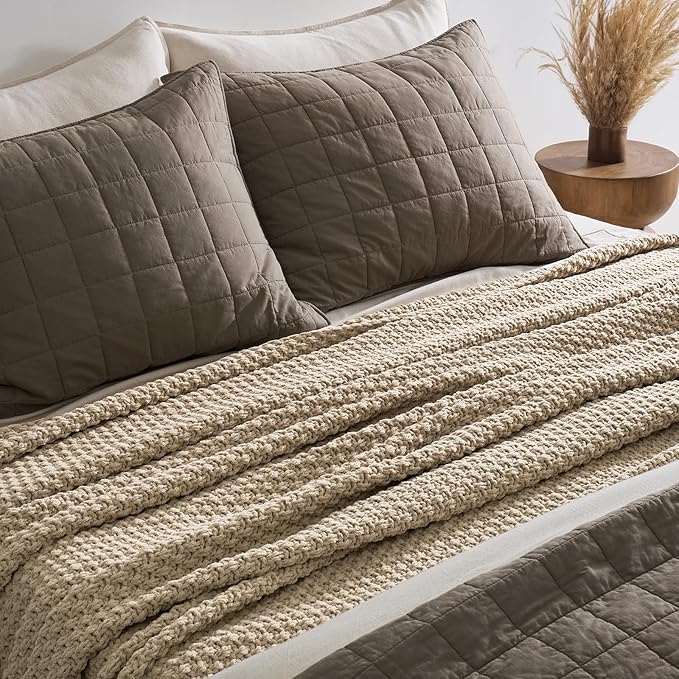 EVERGRACEHOME Chunky Chenille Knit Throw Blanket, 108x92, Sand Dune | Sculpted Moss Stitch, Chic Modern Farmhouse, All-Season Warmth, OEKO-TEX® Certified, Oversized King for Couch, Bed, Sofa
