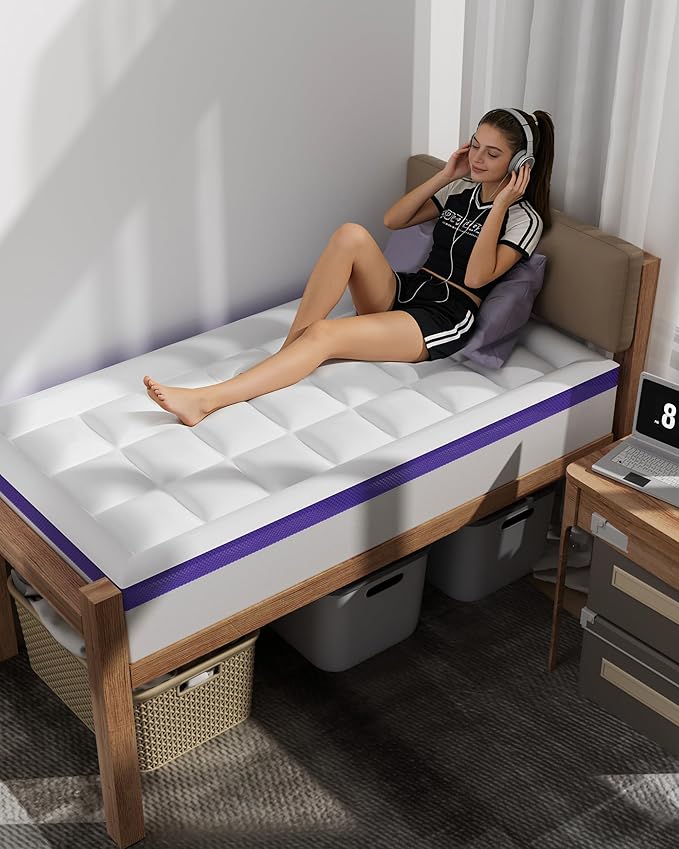 Dorm Room Essentials Dual Layer 4 Inch Memory Foam Mattress Topper Full XL | 2 Inch Gel Memory Foam and 2 Inch Pillow Top Mattress Pad for Back to School , 7-Zone Egg Crate & 2-in-1 Design (White)