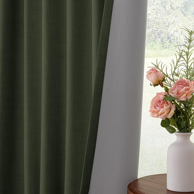 INOVADAY 100% Blackout Curtains for Bedroom Black Out Curtains 84 Inch Long | Loden Green Curtains for Living Room 2 Panel, Clip Rings Linen Look Blackout Drapes, Thermal Insulated Room Darkening,W50xL84