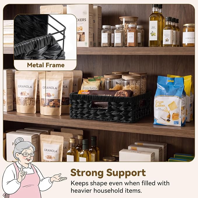GRANNY SAYS Wicker Baskets for Organizing, Waterproof Black Basket, 1-Pack | Handwoven Wicker Storage Basket for Shelves, Woven Baskets for Pantry Storage, Large Shallow Basket, Black Wicker Basket