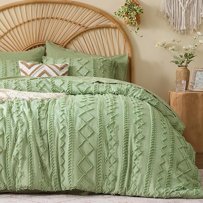 BEDELITE Full Comforter Set 7 Pieces,Boho Bed in a Bag,Sage Green | Tufted Bed Set for All Seasons,Soft Farmhouse-Style Embroidery Bedding,Includes Flat & Fitted Sheets,2 Pillowcases & 2 Shams