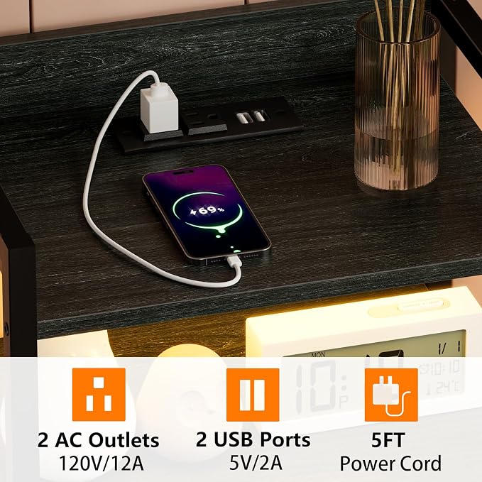 Furnulem Nightstand with Charging Station,LED,5 Drawers Dresser for Bedroom | Tall Bedside Table,Dorm Night stand with LED Light & Remote Control, Metal Frame and Fabric Bins,Wood Desk Top,Easy Assemble