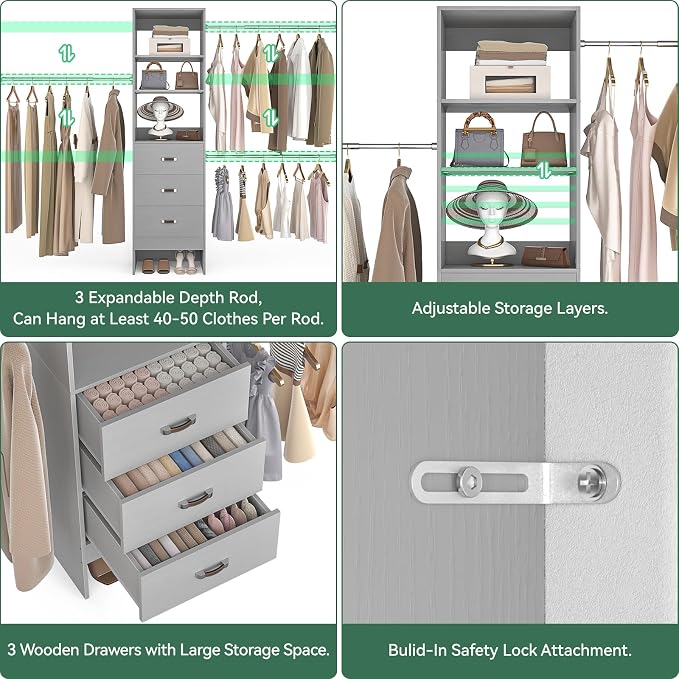 Besiost 96'' Closet Organizer System with 3 Hanging Rods, 8FT Closet Organizers and Storage with 3 Wooden Drawers, Built in Closet Organizer Systems, Adjustable Walk-in Wardrobe from 5-8FT, Grey