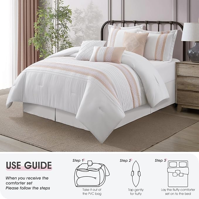 7 Piece Comforter Set, Pink White, King Size, Boho Style Geometric Microfiber Embroidery, Bed in a Bag with Bedskirt, Pillow Shams and Decor Pillows