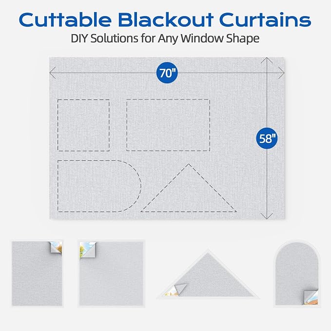 Linen Blackout Curtains for Bedroom, 70" x 58" Portable Blackout Blinds | 100% Blackout Window Cover with Hook&Loop Strip, Temporary Blackout Shades, Blackout Window Film for Nursery Travel RV- Gray