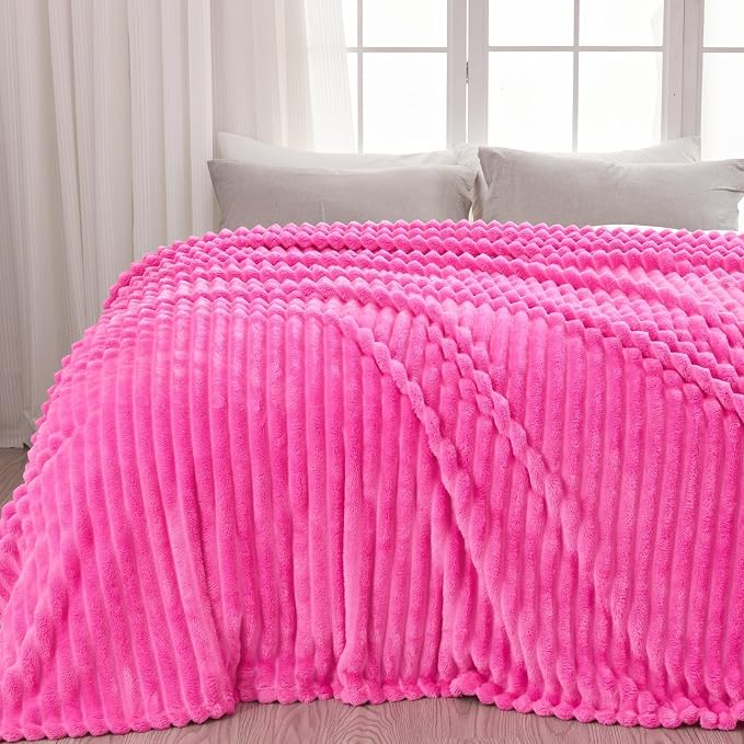NEWCOSPLAY Fleece Ribbed Cozy King Blanket for Couch, Hot Pink, 90"x110" | Premium Silky Flannel Blanket, Soft Lightweight Fluffy Throw Blanket for Bed Sofa Decor, Gift for All Season Use