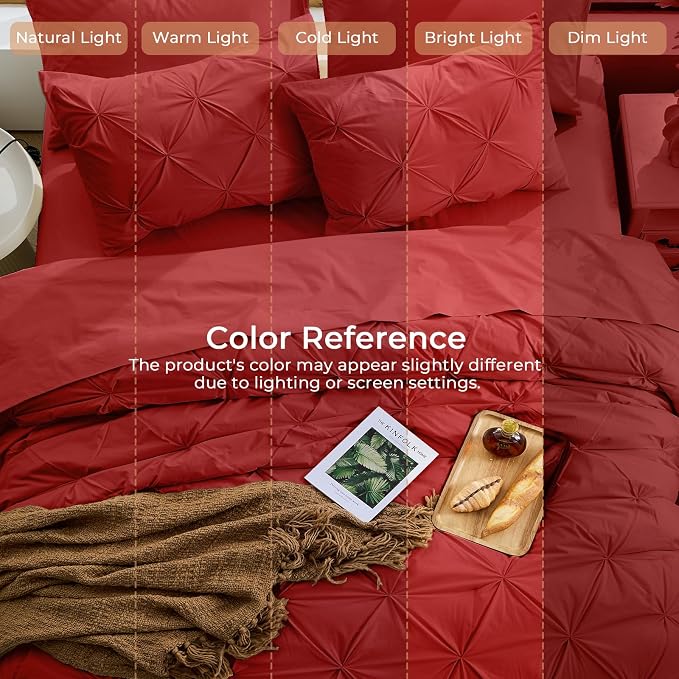 Sasttie Queen Comforter Set, 7-Piece Bed in a Bag, Pintuck Bedding Sets for All Season, Includes Comforter, Flat Sheet, Fitted Sheet, Pillowcases and Pillowshams, Red