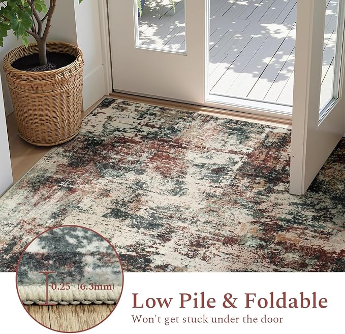 Rugflix 2x3 Entrance Rugs, Washable Rust Brown Green Entry Rug | Machine Washable; Stain-Resistant; Low Pile; Non-slip; Modern Abstract; Black Carpet for Entryway Kitchen Hallway Home